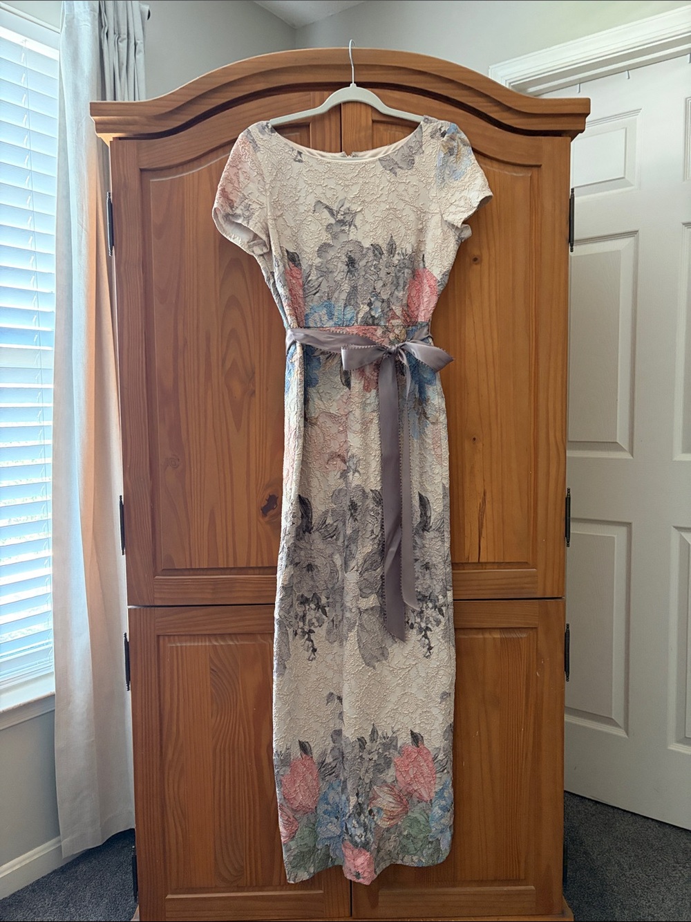 Adrianna Papell Cream Lace Maxi Dress with Pink & Blue Floral Print